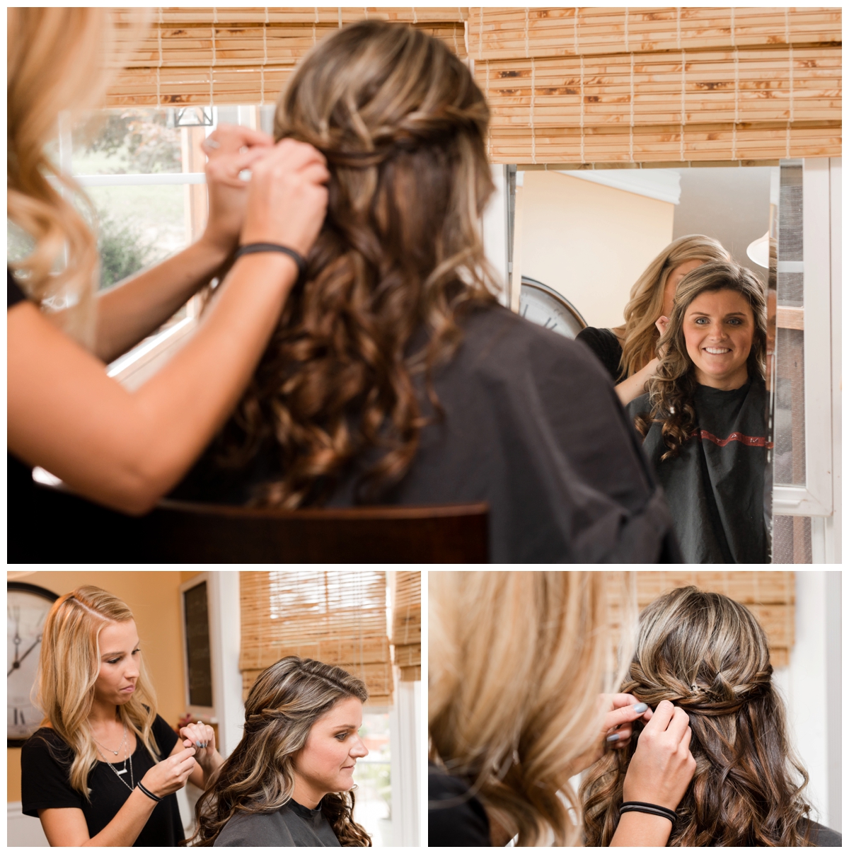 Bride having her hair done at home before her wedding. Hairdresser