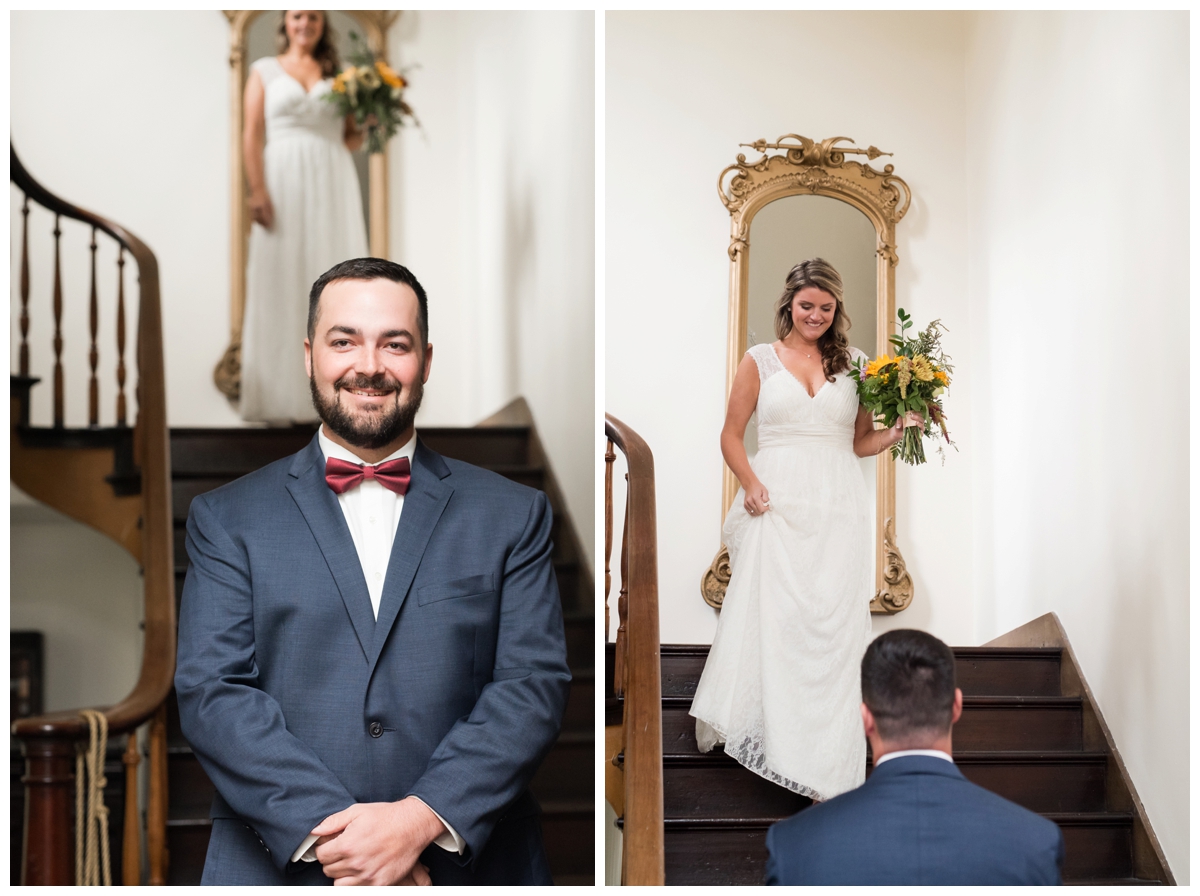 Bride walking down the stairs for her first look 