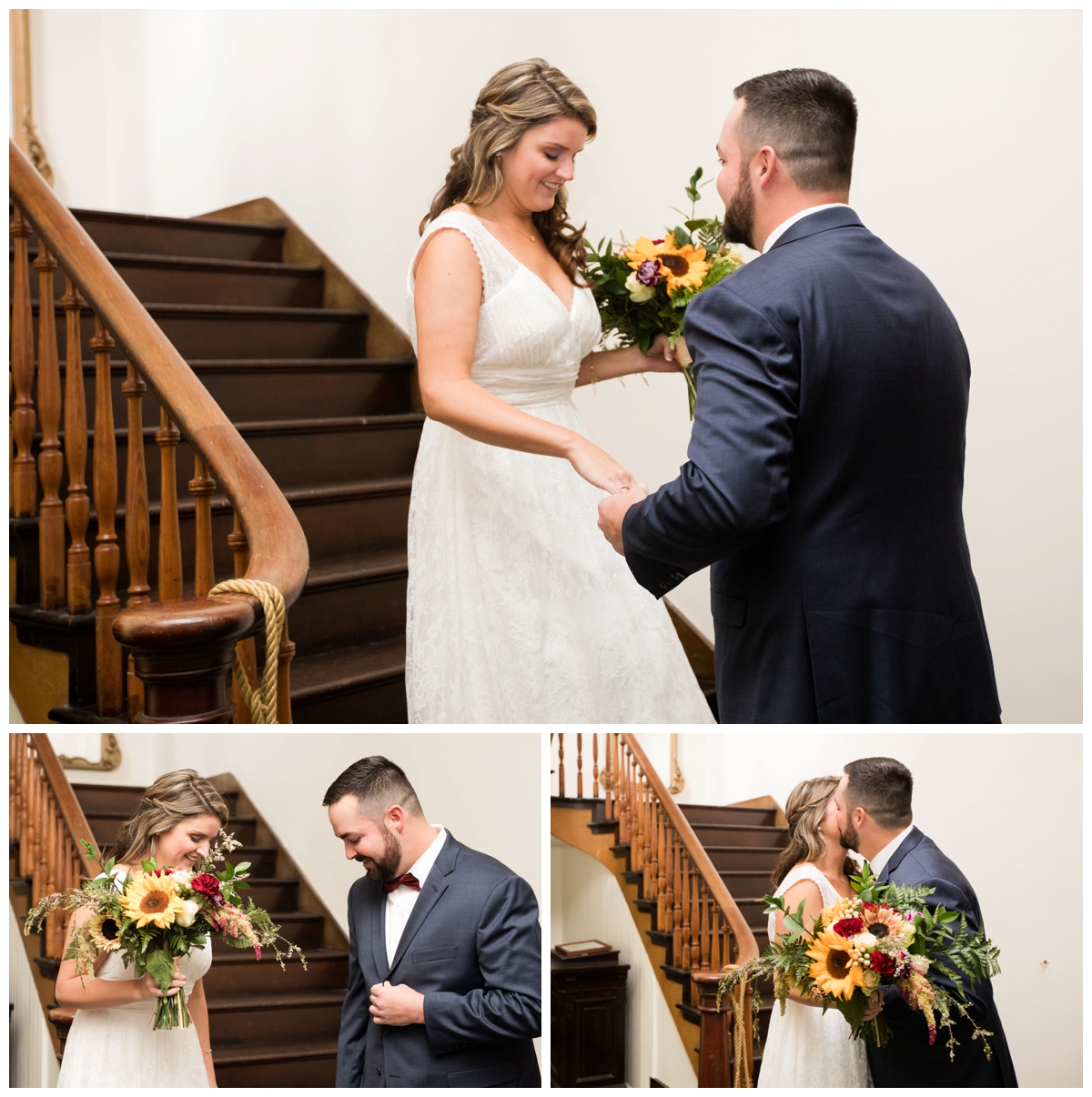 First look on a staircase. Grooms reaction to his bride