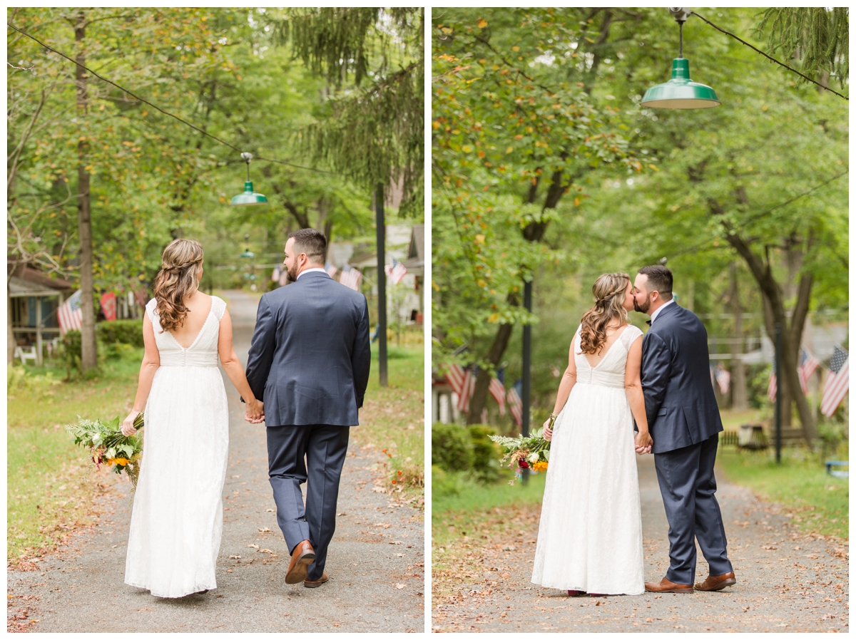 Portraits of a couple on their wedding day in the woods at a historical site, Emory Grove by cottages