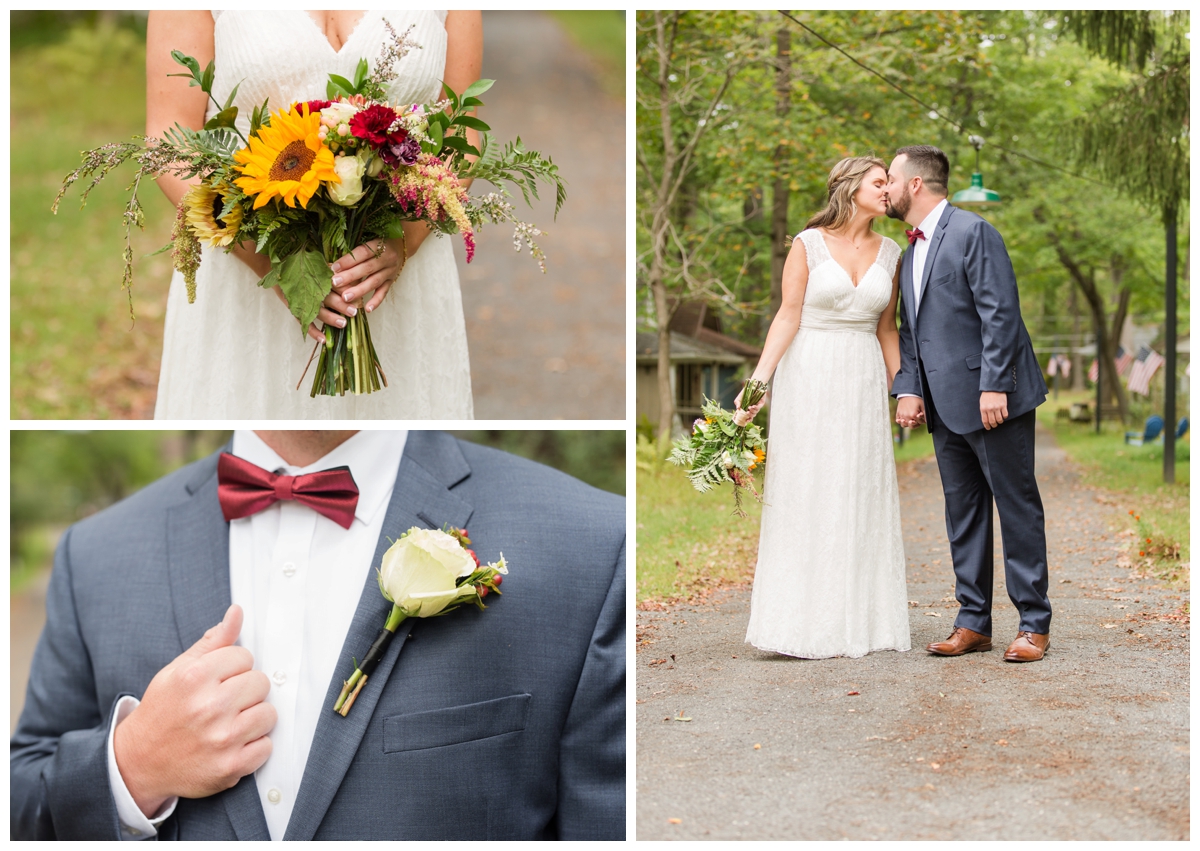 Portraits of a couple on their wedding day in the woods at a historical site, Emory Grove. Sunflower bouquet.