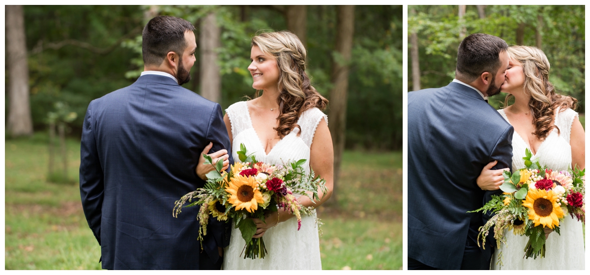 Portraits of a couple on their wedding day in the woods at a historical site, Emory Grove