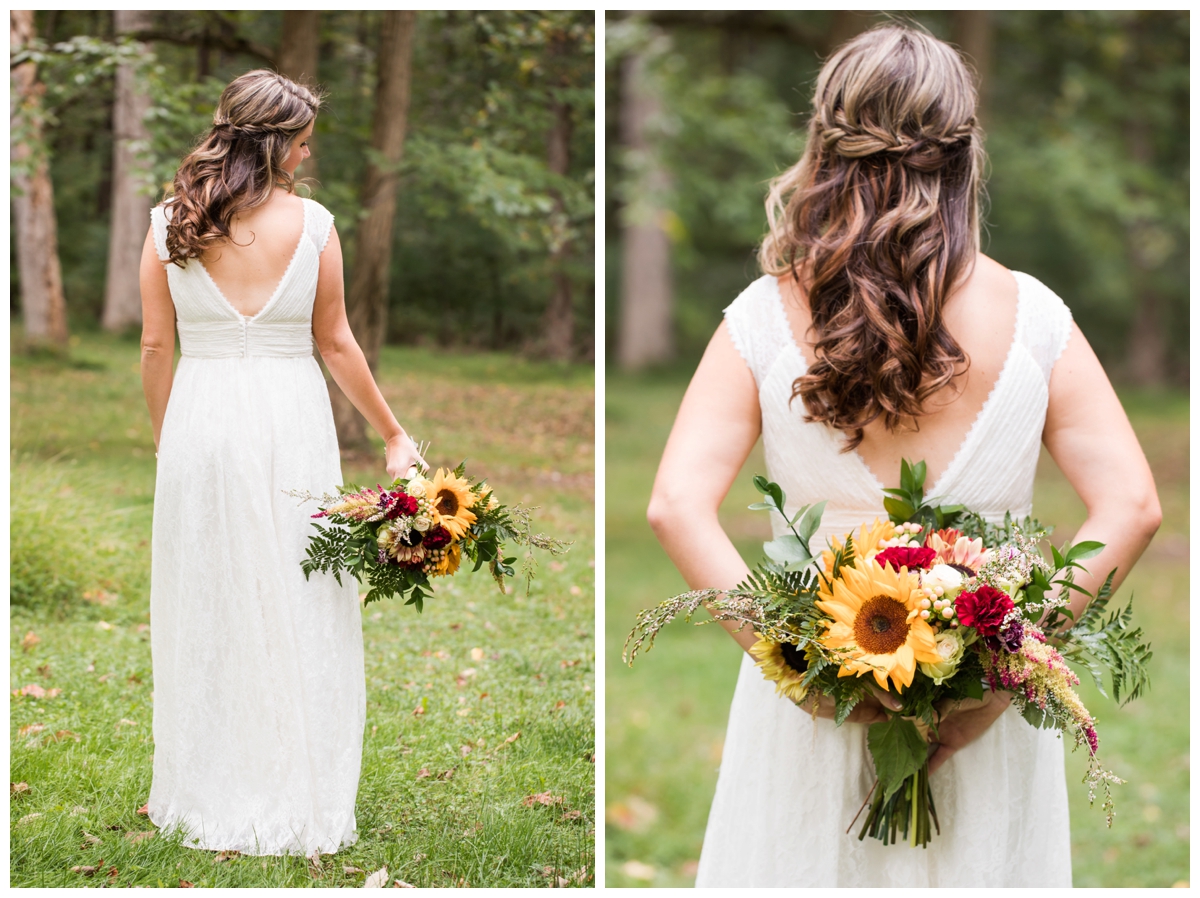 Bridal portraits on her wedding day in the woods at a historical site, Emory Grove