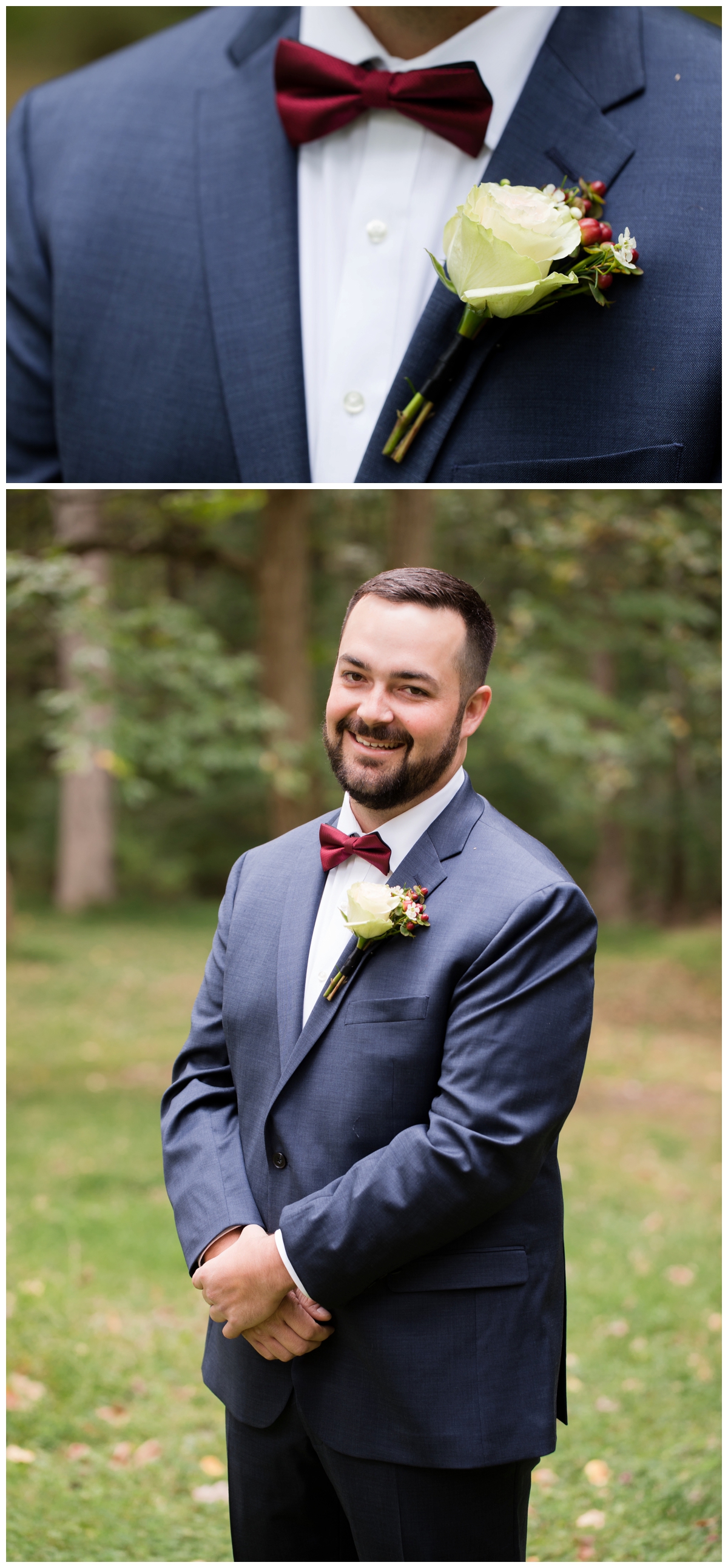 Groom portraits on his wedding day in the woods at a historical site, Emory Grove