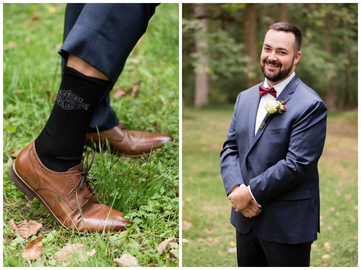 Groom portraits on his wedding day in the woods at a historical site, Emory Grove. Special socks for his father.