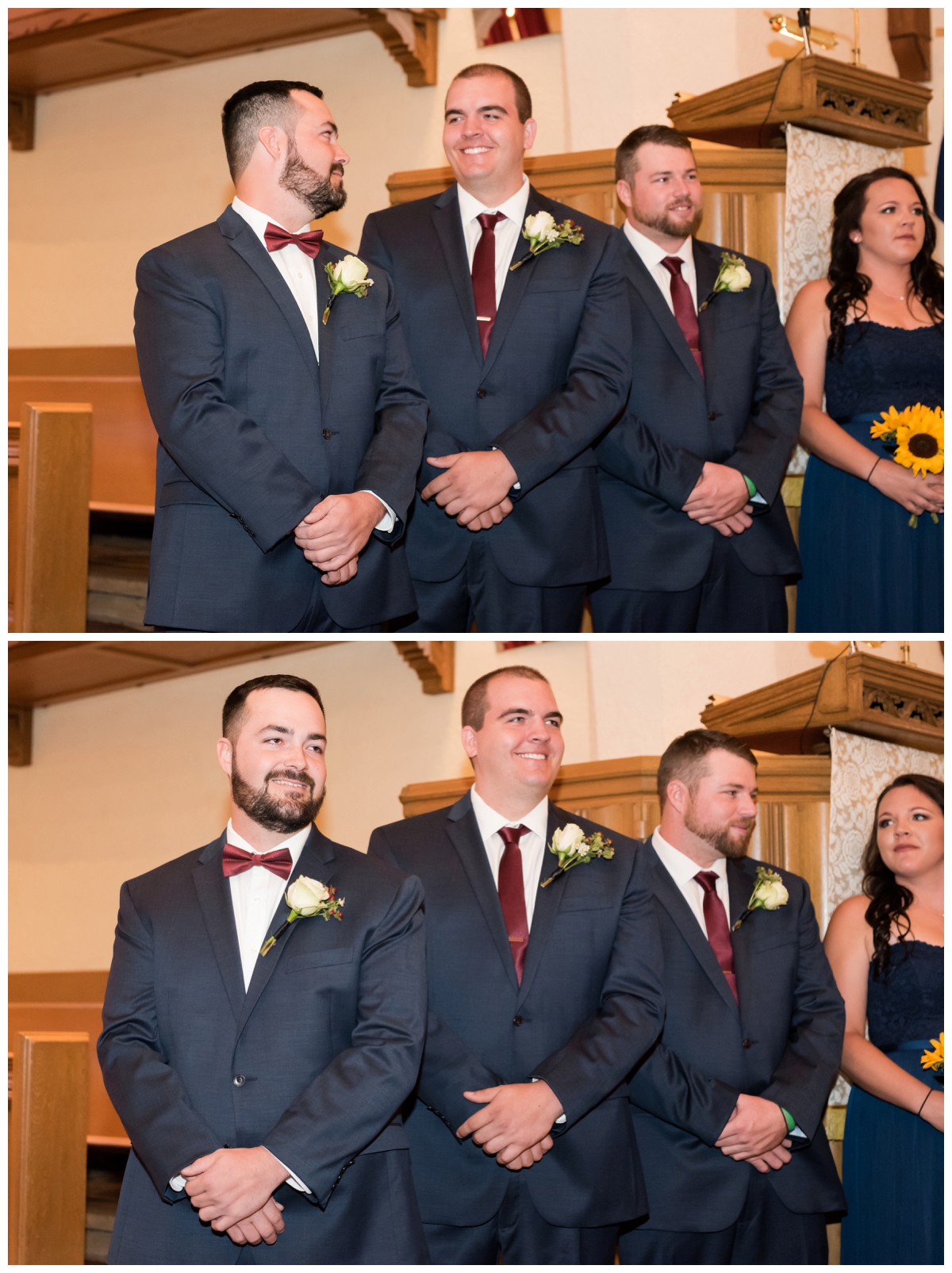 Grooms reaction to his bride walking down the aisle at Glyndon United Methodist Church.