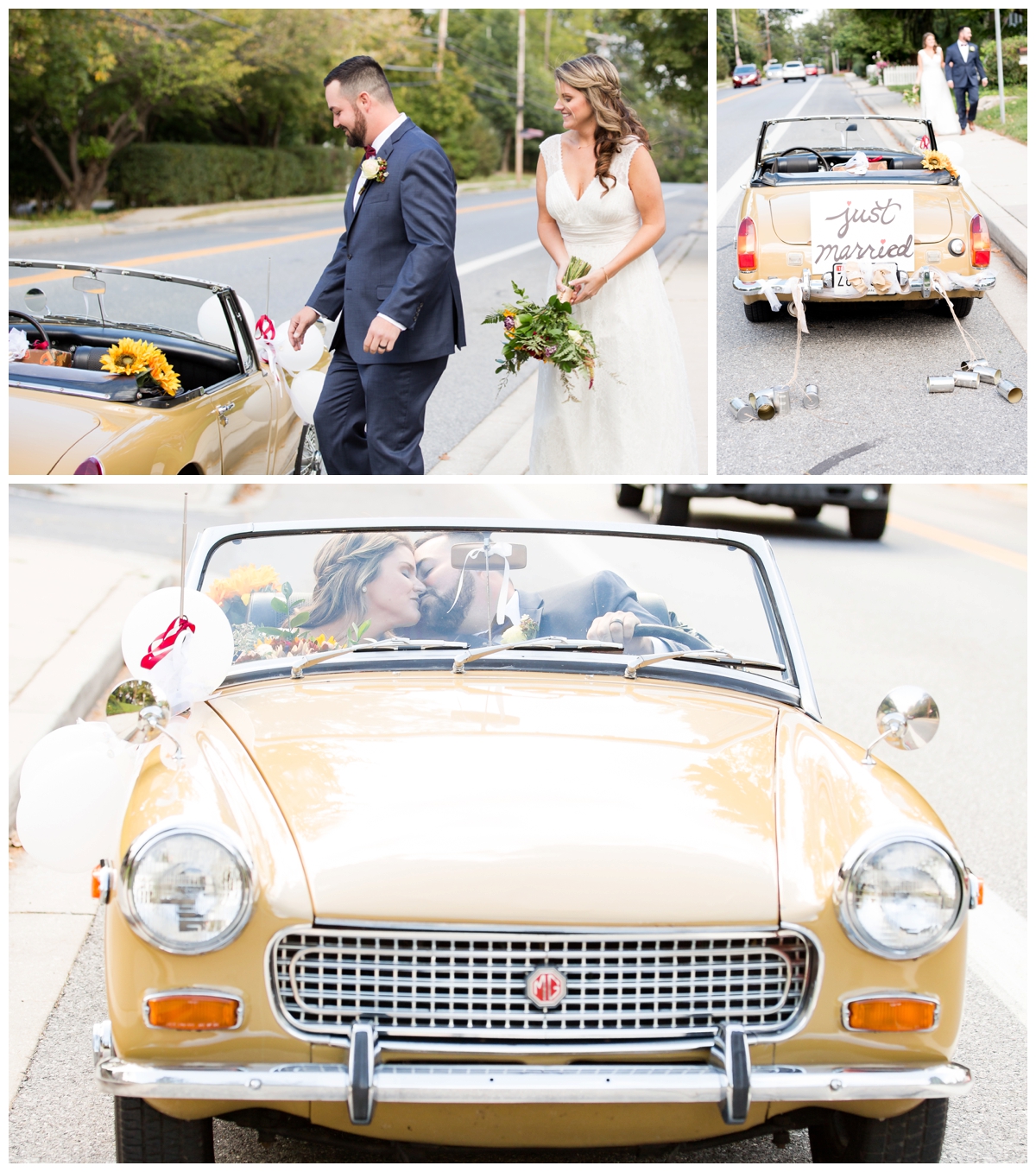 Newlyweds leaving their wedding ceremony in a historic MG Midget
