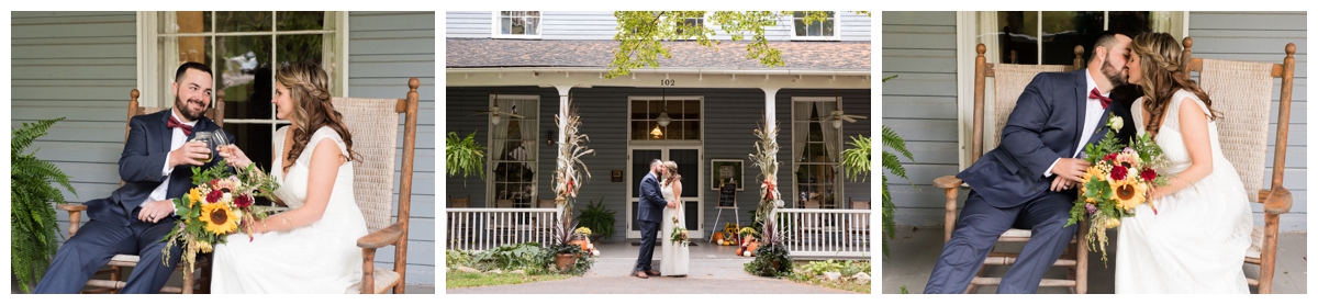 Newlyweds in rocking chairs in front of the historic Emory Grove Hotel