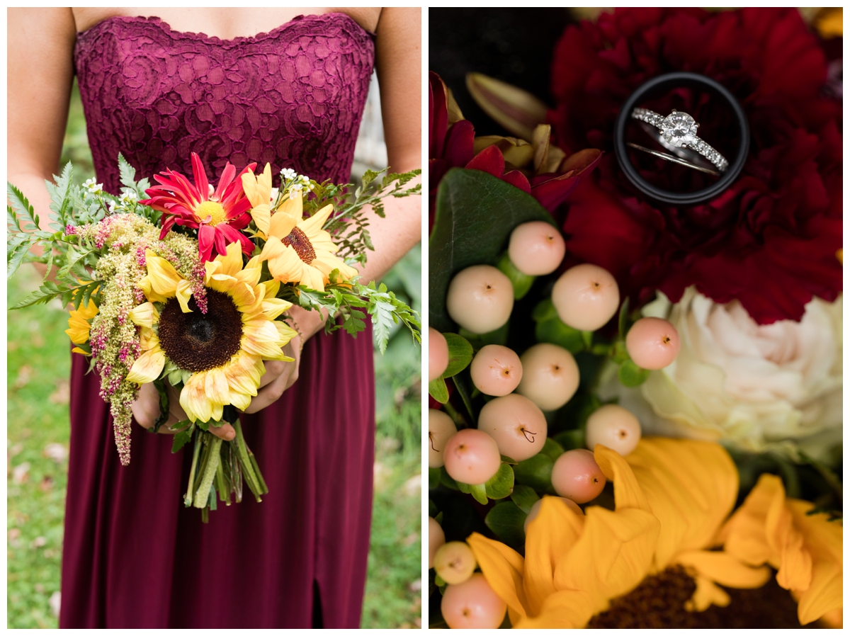 Wedding rings on a Fall sunflower, burgundy bouquet