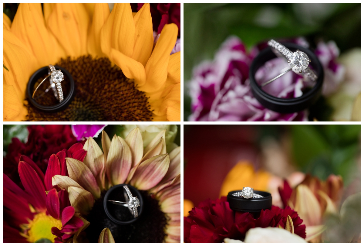 Wedding rings on a Fall sunflower, burgundy bouquet