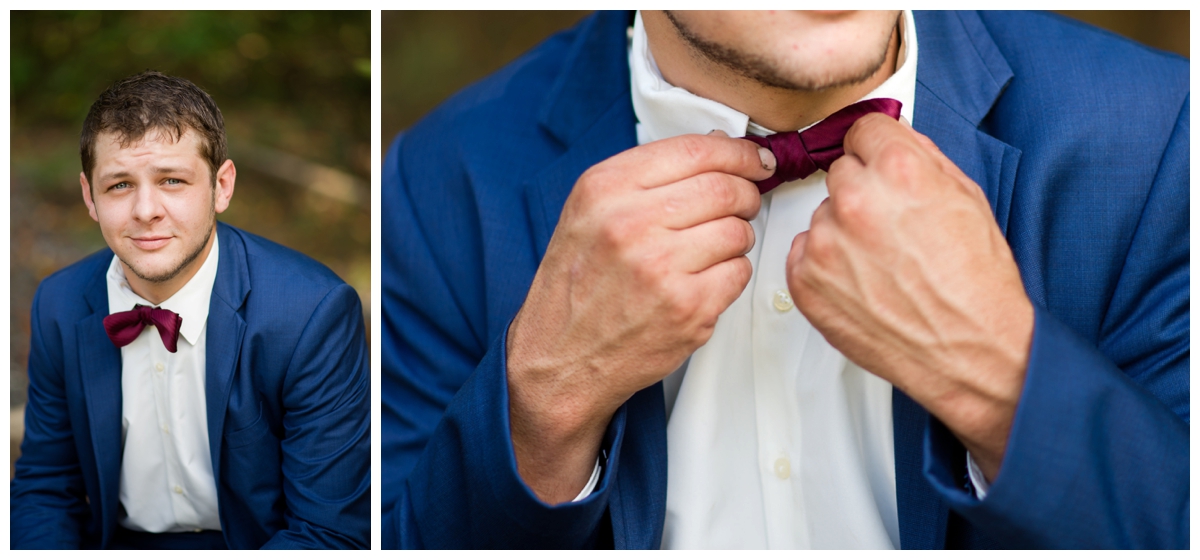 Groom portraits at a shabby chic outdoor rustic wedding in the woods