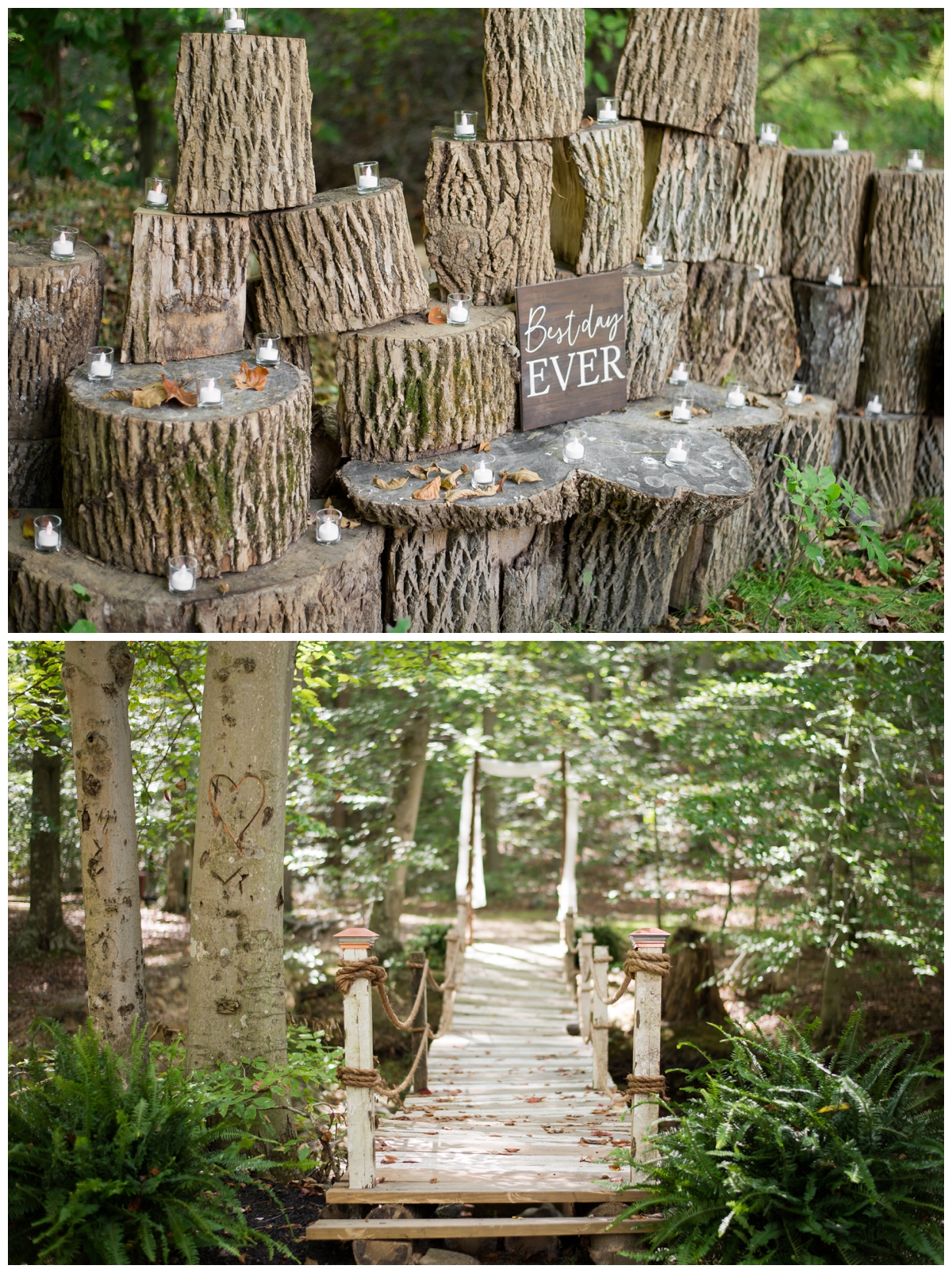 ceremony details at a shabby chic outdoor rustic wedding in the woods