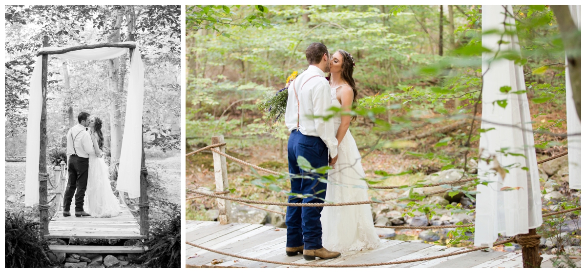 Bride and Groom portraits at a shabby chic outdoor rustic wedding in the woods