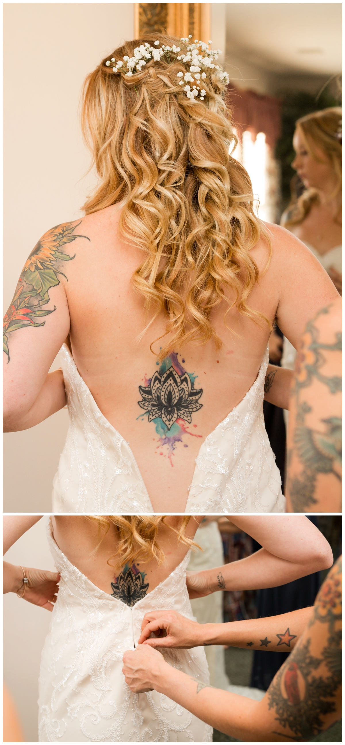 Bride with tattoos getting into her gown on her wedding day