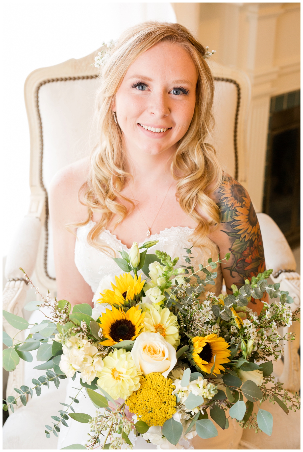 Bridal portraits with sunflower bouquet and tattoos
