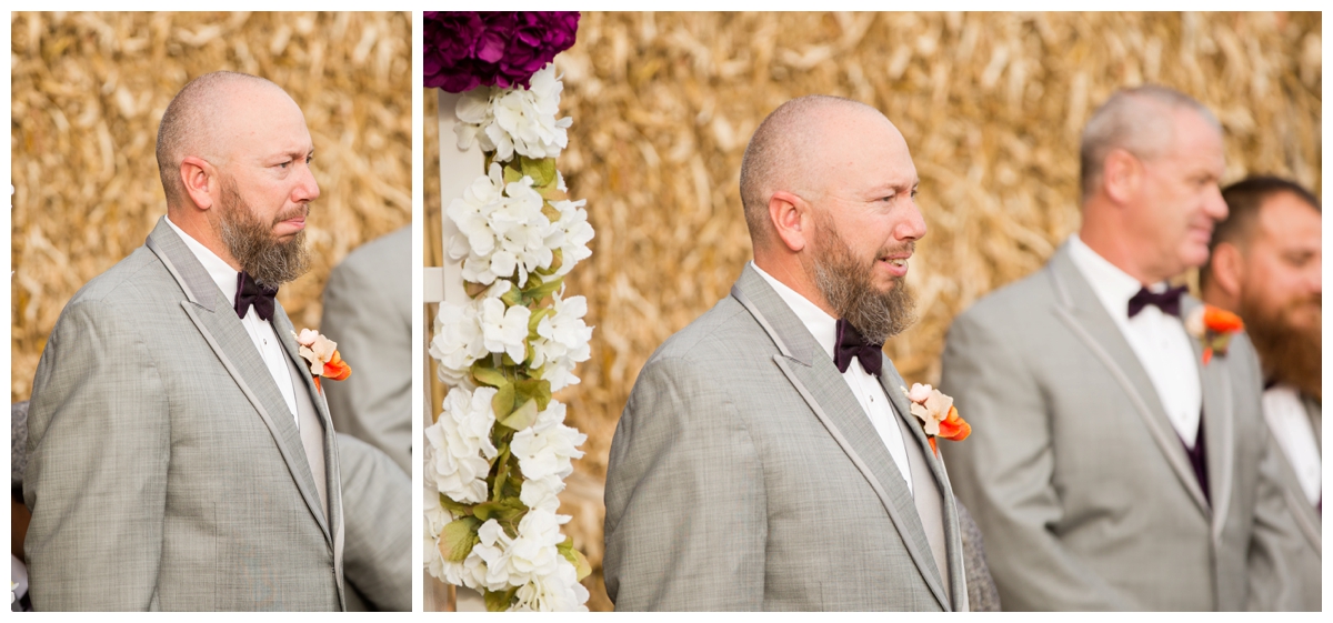 Groom tearing up as his bride walks down the aisle.