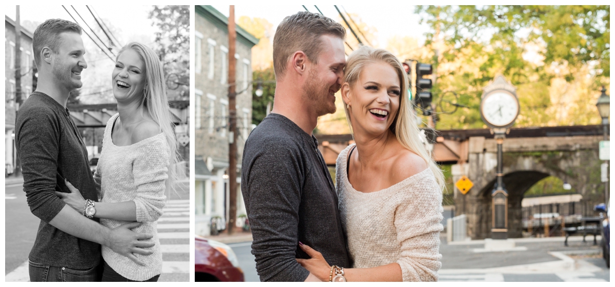 Ellicott City Engagement Photo by train bridge. Old Ellicott City. Laughing 