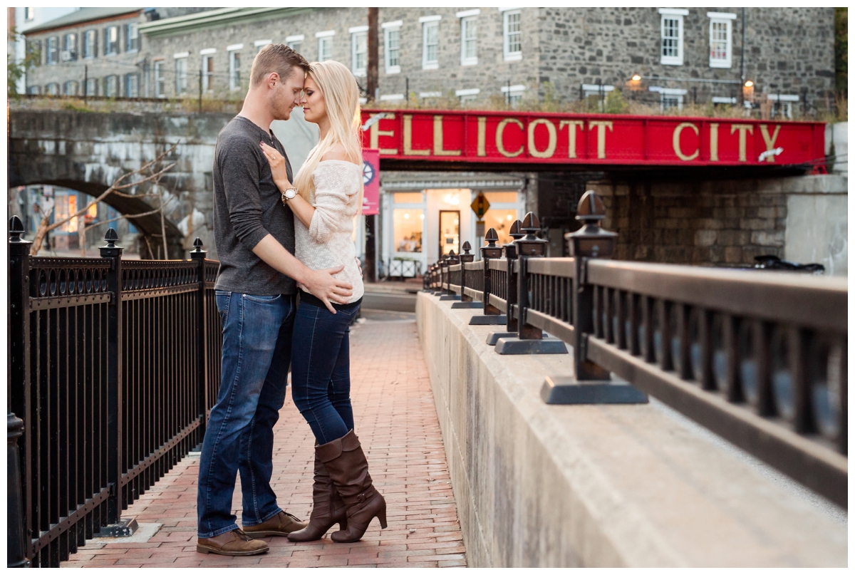 Ellicott City Engagement Photo by train bridge. Old Ellicott City