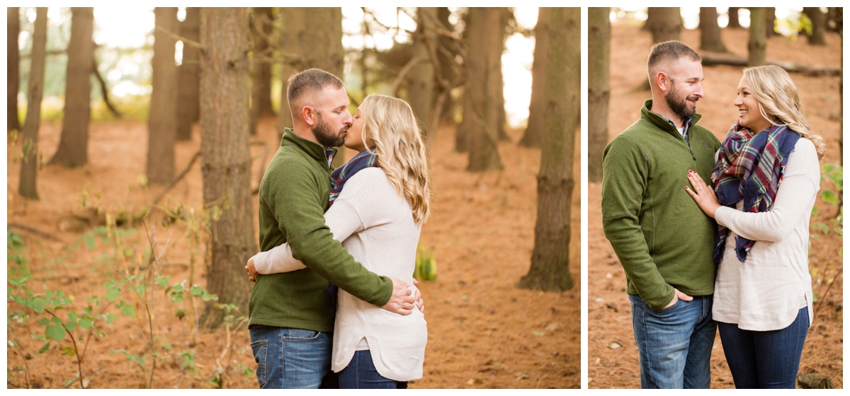 Fall Lake Hashawa engagement session. Couple kissing in the trees