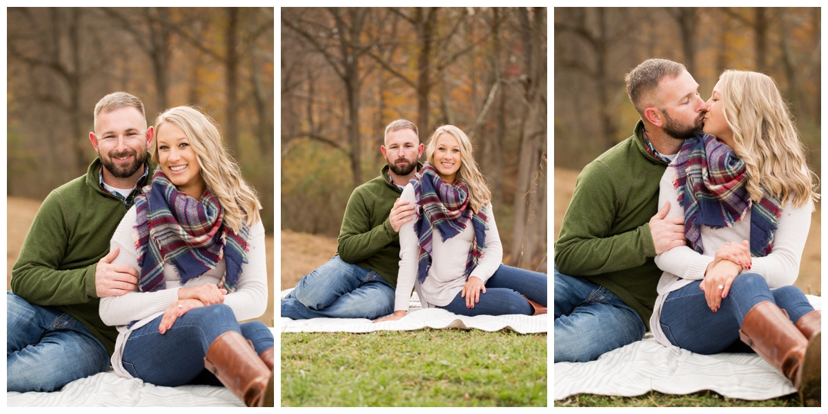 Fall Lake Hashawa engagement session. Couple sitting on a blanket