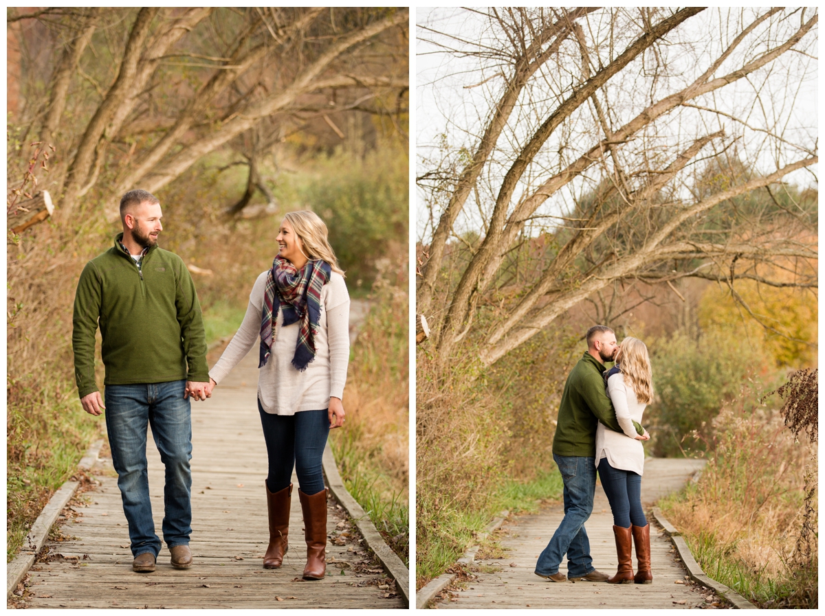 Fall Lake Hashawa engagement session. Couple walking down a bridge