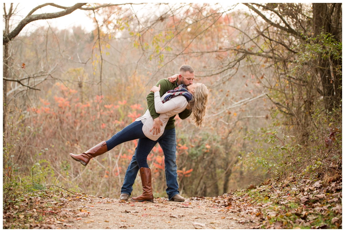 Fall Lake Hashawa engagement session. Couple dipping in the woods