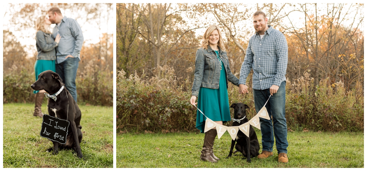 Fall Lake Hashawa engagement session. Couple with their dog and love sign