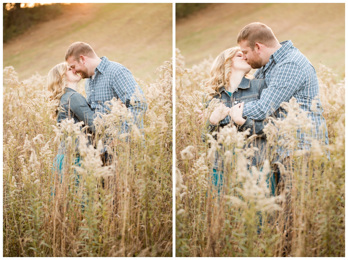 Fall Lake Hashawa engagement session. Kissing in a field