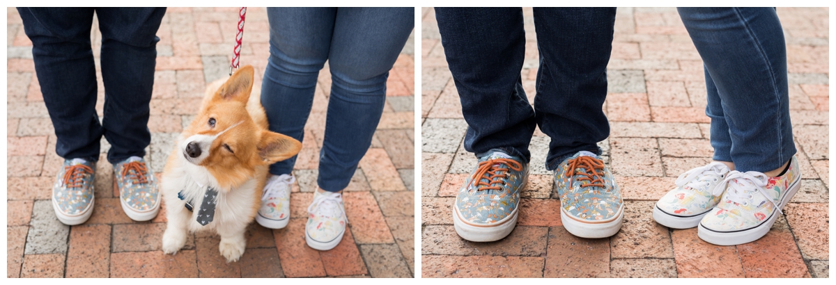 Engaged Couple with Corgi Disney Themed Frederick Maryland photos. Engagement photos of shoes