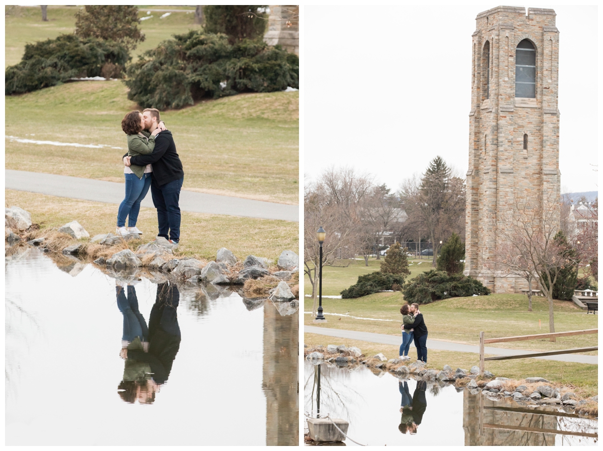 Engaged Couple with Disney Themed Frederick Maryland Engagement Photos by the tower and canal.