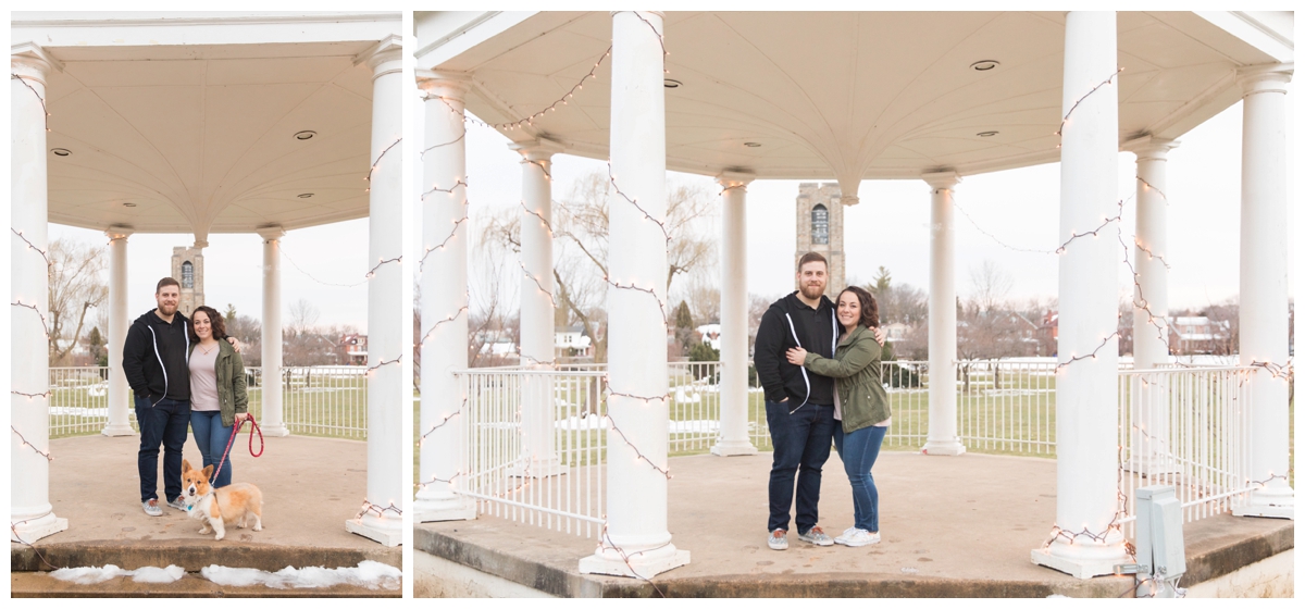 Engaged Couple with Disney Themed Frederick Maryland Engagement Photos under gazebo