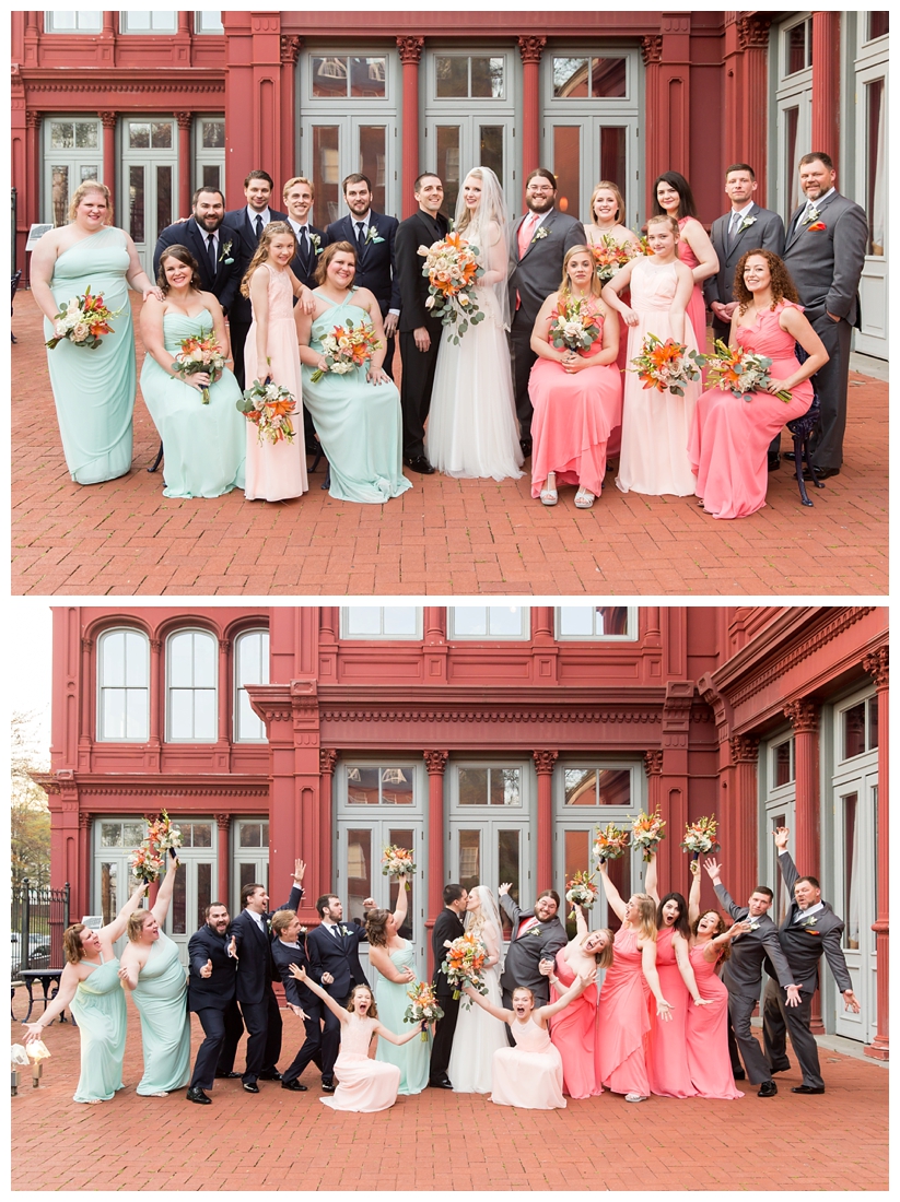 Maryland Wedding Photos. 1840s plaza Baltimore Maryland. Spring Wedding. Co-ed wedding party. ballroom dancing bio queen. blue and pink wedding colors. Valerie Michelle Photography. 