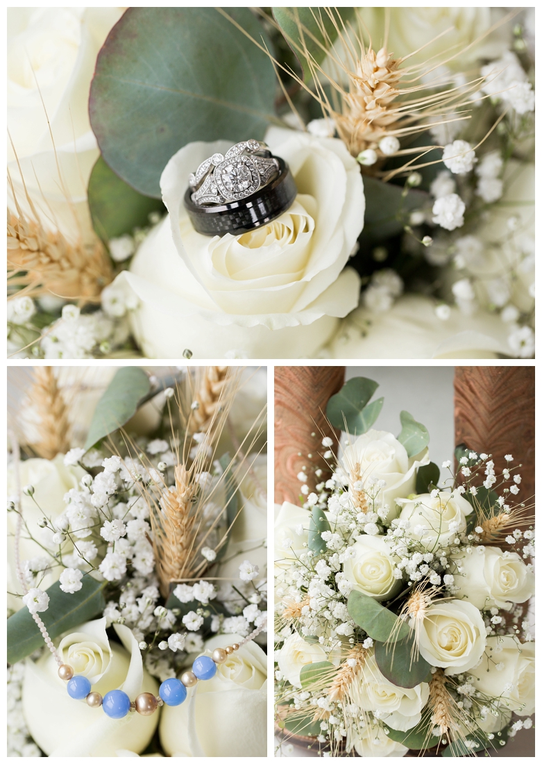 Bridal wedding details. Bride's bouquet of white roses, greenery, and wheat. Ring shot, antique brides necklace, cowgirl boots. Maryland wedding at Circle D Farm in Woodbine. Maryland Wedding Photographer