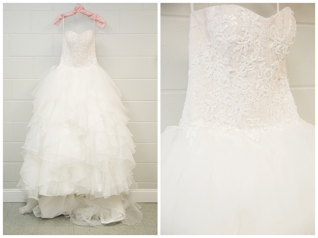 Bridal wedding details. Wedding Dress hanging in bridal suite at Circle D Farm. Maryland wedding at Circle D Farm in Woodbine. Maryland Wedding Photographer