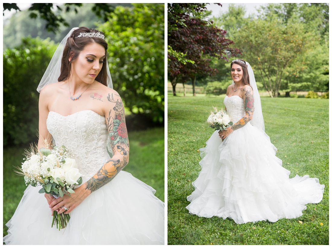 Bridal portrait. Bride with long train, veil, tiara and white rose bouquet. Maryland wedding at Circle D Farm in Woodbine. Maryland Wedding Photographer