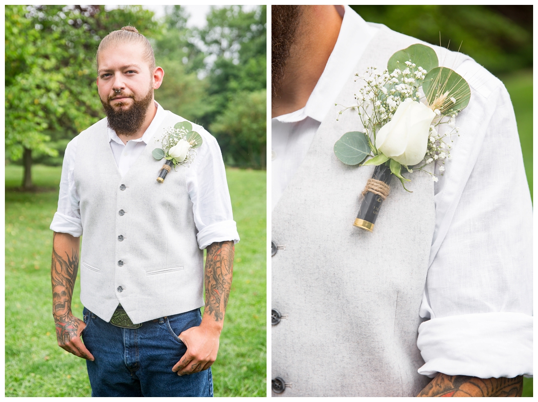 Groom Portraits. Groom in blue jeans with brown vest. White rose boutonnière in a shotgun shell. Maryland wedding at Circle D Farm in Woodbine. Maryland Wedding Photographer