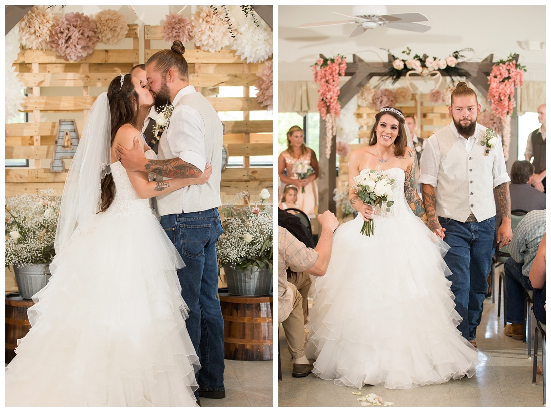 Bride and Groom's first kiss. Bride and groom walking up the aisle. Indoor wedding ceremony. Rustic Wedding Decor. Rose Gold wedding decor. Wooden arbor with flowers. Maryland wedding at Circle D Farm in Woodbine. Maryland Wedding Photographer.