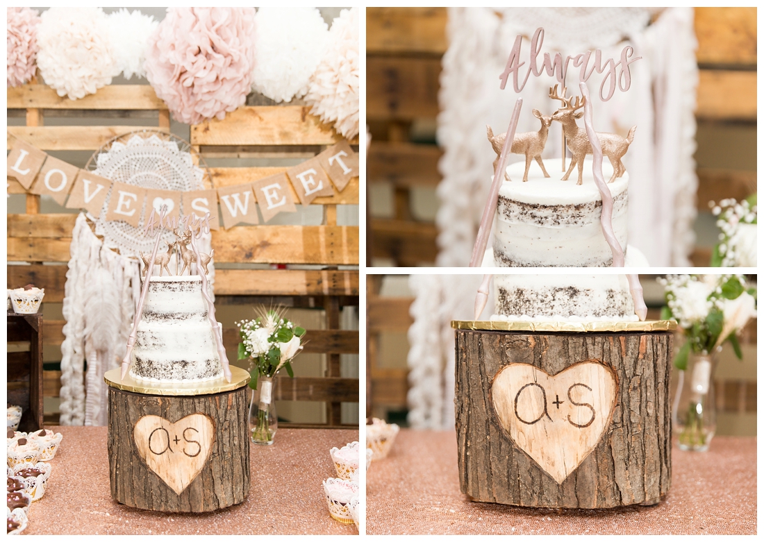 Reception details and decor. Rustic wedding decor. Rose gold wedding decor. Cake table with naked cake and deer wedding topper. Harry potter themed wedding cake. Tree stump wedding cake holder. rustic wedding cake. Maryland wedding at Circle D Farm in Woodbine. Maryland Wedding Photographer.