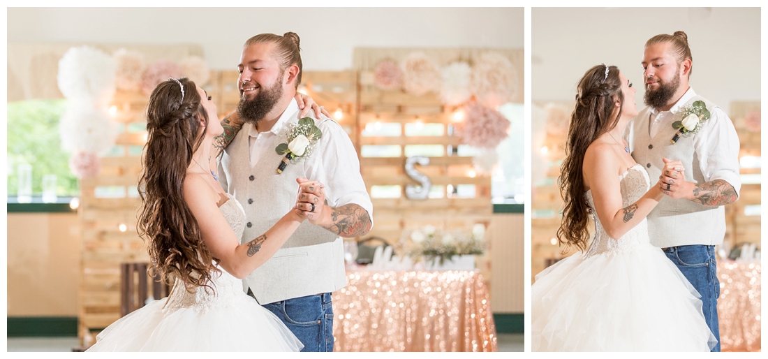 Bride and Groom's first dance. Reception details and decor. Rustic wedding decor. Rose gold wedding decor. Maryland wedding at Circle D Farm in Woodbine. Maryland Wedding Photographer.