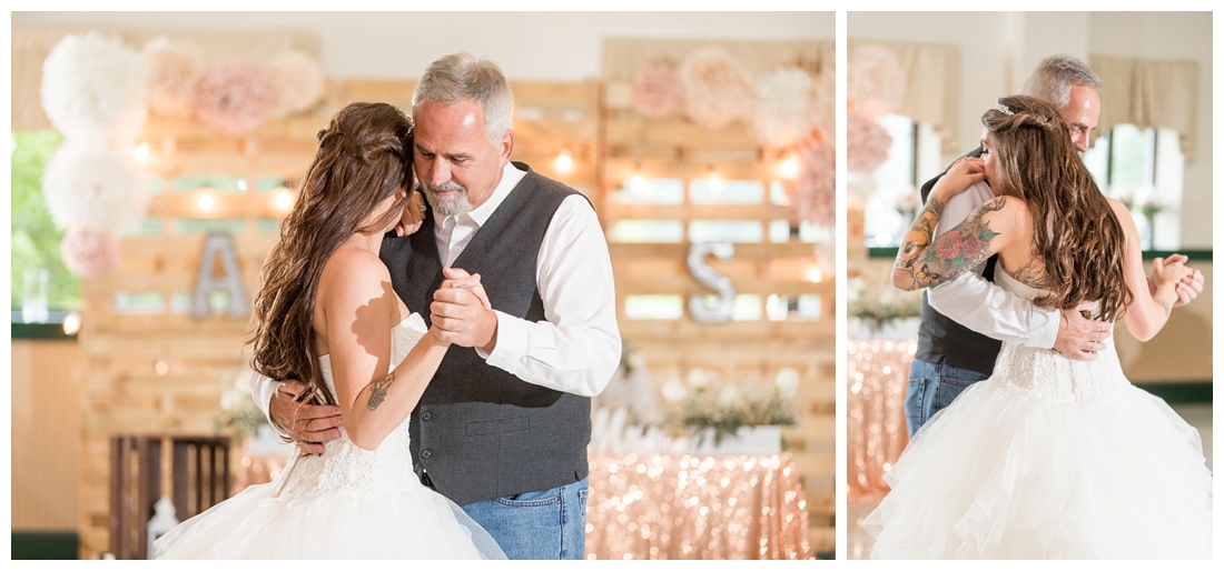 Father Daughter Dance. Reception details and decor. Rustic wedding decor. Rose gold wedding decor. Maryland wedding at Circle D Farm in Woodbine. Maryland Wedding Photographer. 