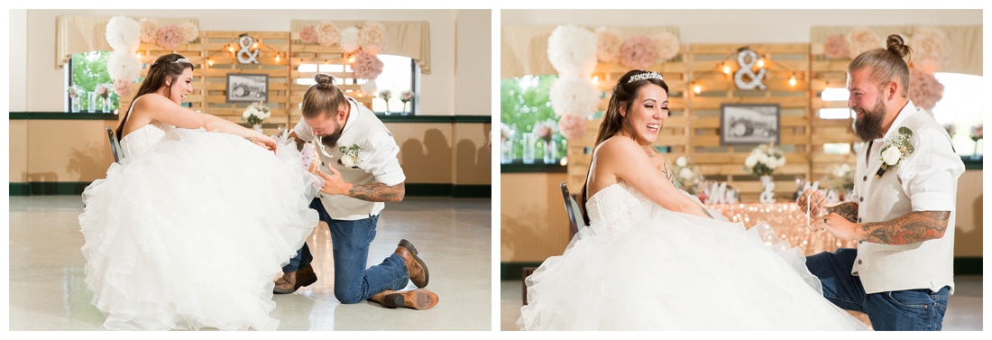 Groom taking the garter off the bride. Reception details and decor. Rustic wedding decor. Rose gold wedding decor. Maryland wedding at Circle D Farm in Woodbine. Maryland Wedding Photographer.