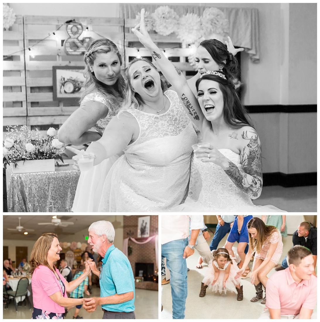 Bride and wedding guests on the dance floor. Reception details and decor. Rustic wedding decor. Rose gold wedding decor. Maryland wedding at Circle D Farm in Woodbine. Maryland Wedding Photographer.