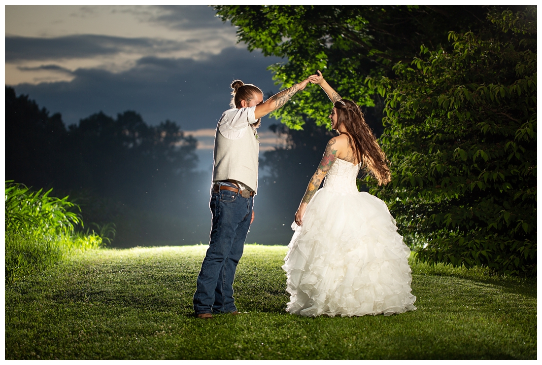 Wedding night photo on a farm. Night photo with groom dancing with the bride. sunset photos. Reception details and decor. Rustic wedding decor. Rose gold wedding decor. Maryland wedding at Circle D Farm in Woodbine. Maryland Wedding Photographer.