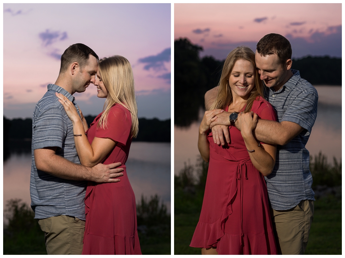 Columbia Maryland Couple's Centennial Park Engagement Photos with their dog Harvey. Sunset Engagement Photo