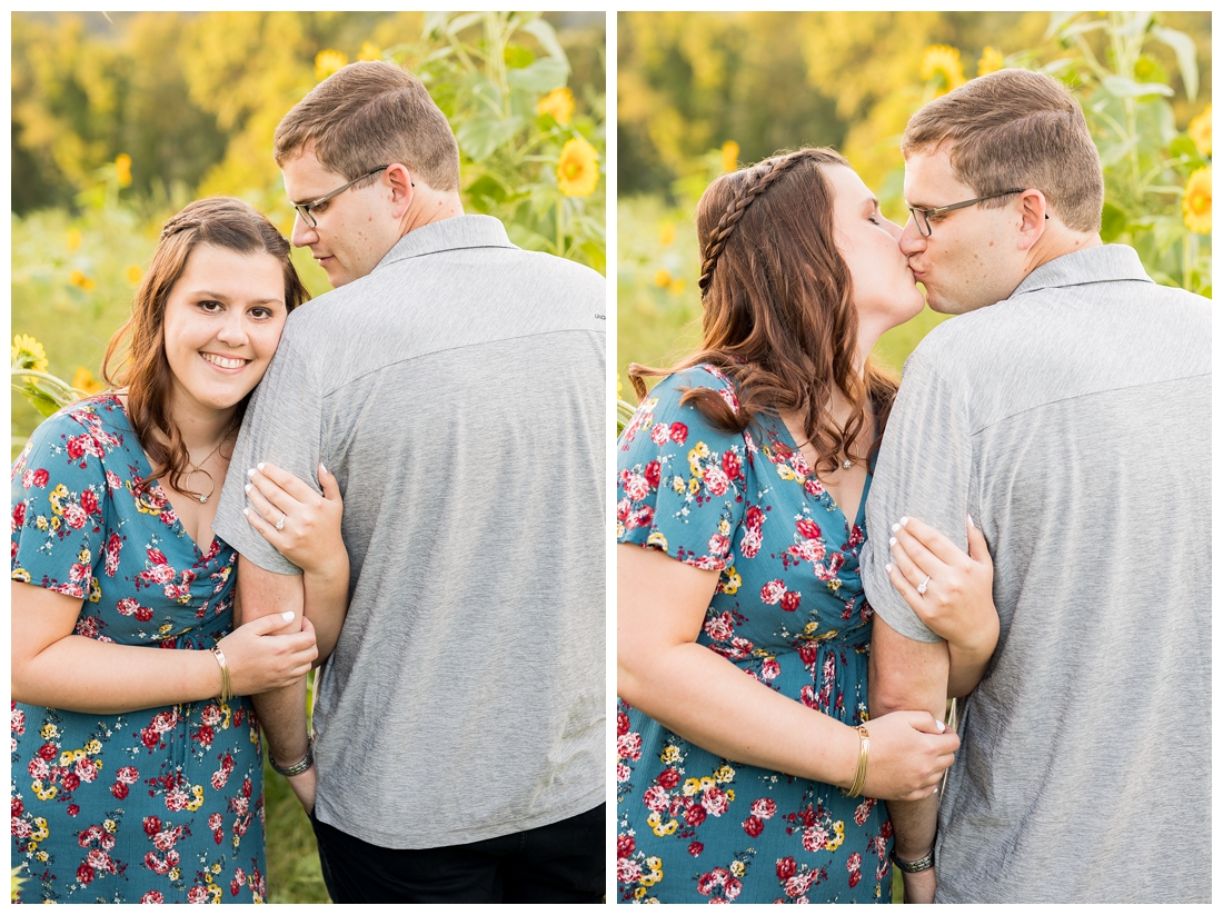 Maryland Wedding Photography Sunflower engagement photos. Maryland engagement. Bride and groom to be in flower fields. Flower fields maryland farm engagement photos.