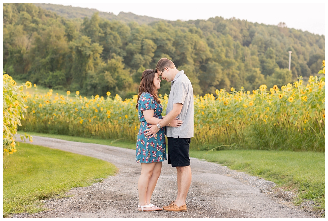 Maryland Wedding Photography Sunflower engagement photos. Maryland engagement. Bride and groom to be in flower fields. Flower fields maryland farm engagement photos.