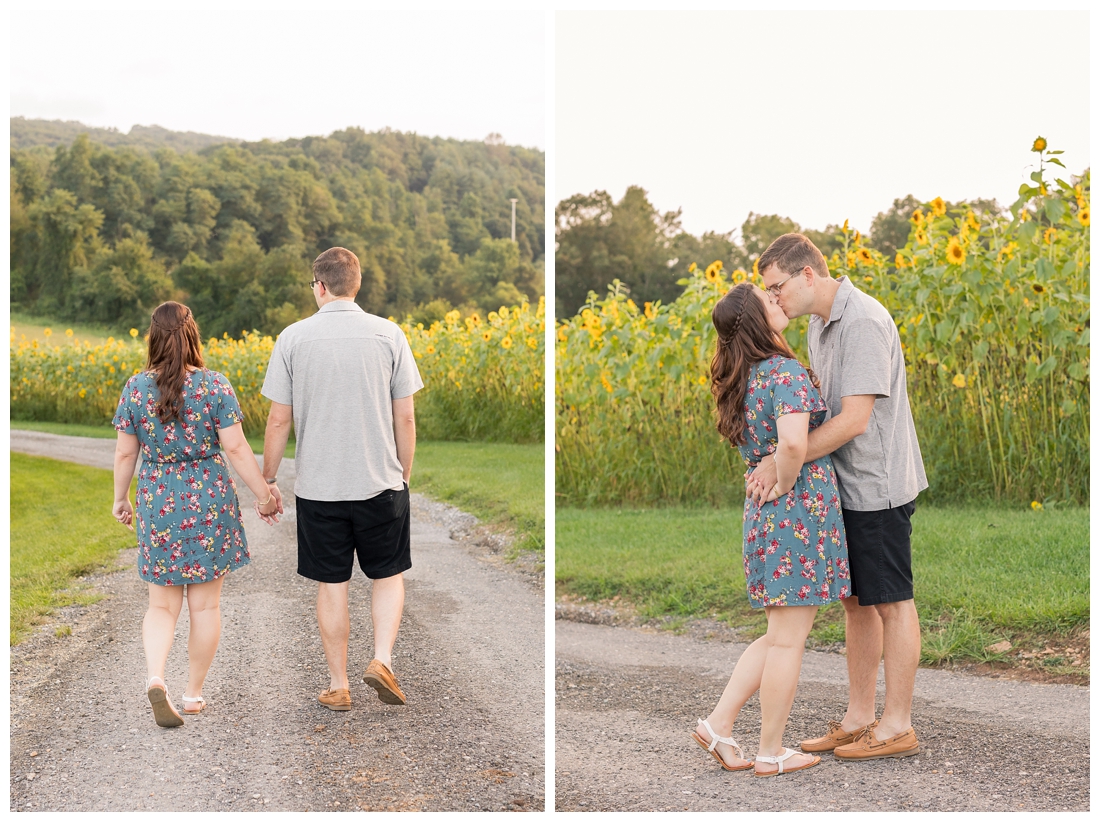 Maryland Wedding Photography Sunflower engagement photos. Maryland engagement. Bride and groom to be in flower fields. Flower fields maryland farm engagement photos.