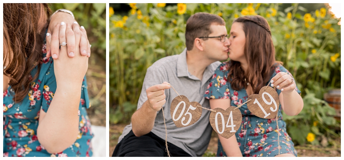 Maryland Wedding Photography Sunflower engagement photos. Maryland engagement. Bride and groom to be in flower fields. Flower fields maryland farm engagement photos.