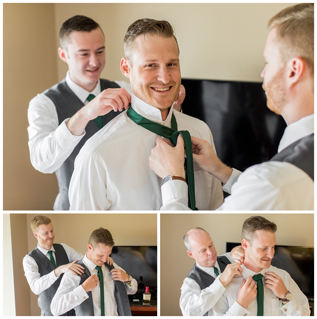 Towson Maryland Catholic Church Ceremony. Joppa Maryland Mountain Branch Golf Club Wedding. The Belvedere bridal wedding preparation. Groom dressing with his best men