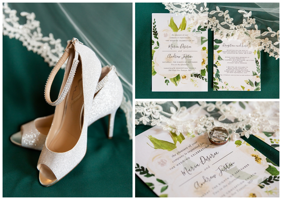 Towson Maryland Catholic Church Ceremony. Joppa Maryland Mountain Branch Golf Club Wedding. The Belvedere bridal wedding preparation. Bride's sparkly silver heels and invitations. Engagement and wedding bands
